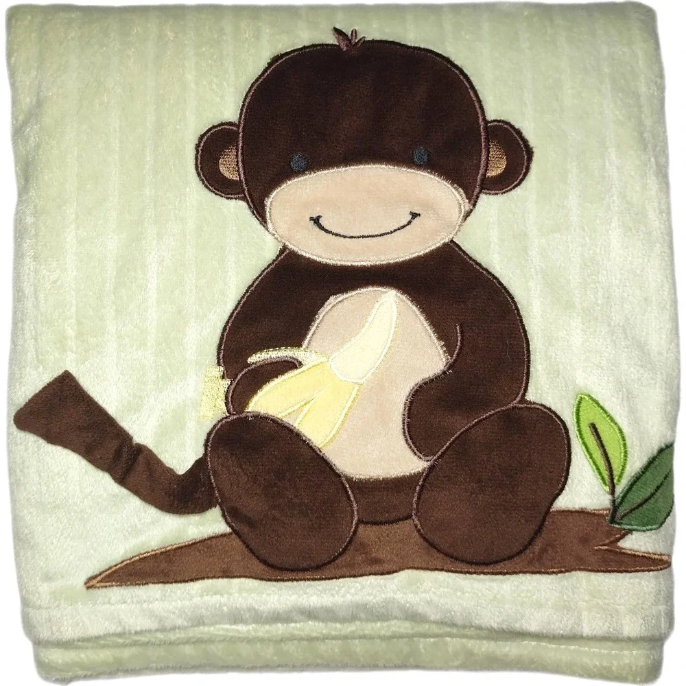 Lambs & Ivy Monkey W Bananas Baby Blanket Green Brown Unisex Lovey Lines Soft